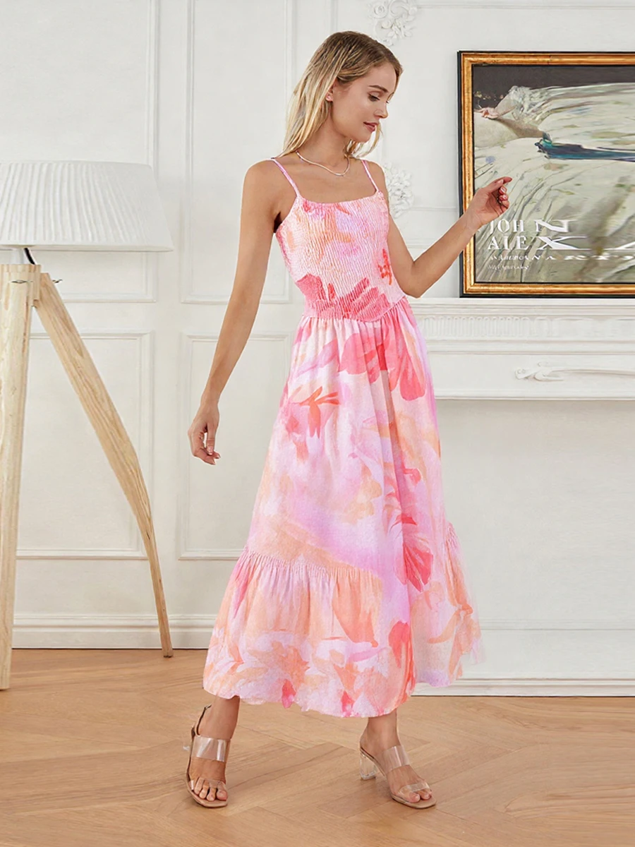 Women s Boho Floral Print Sleeveless Maxi Dress with Open Back and Adjustable Straps for Beach Vacation or Summer Parties