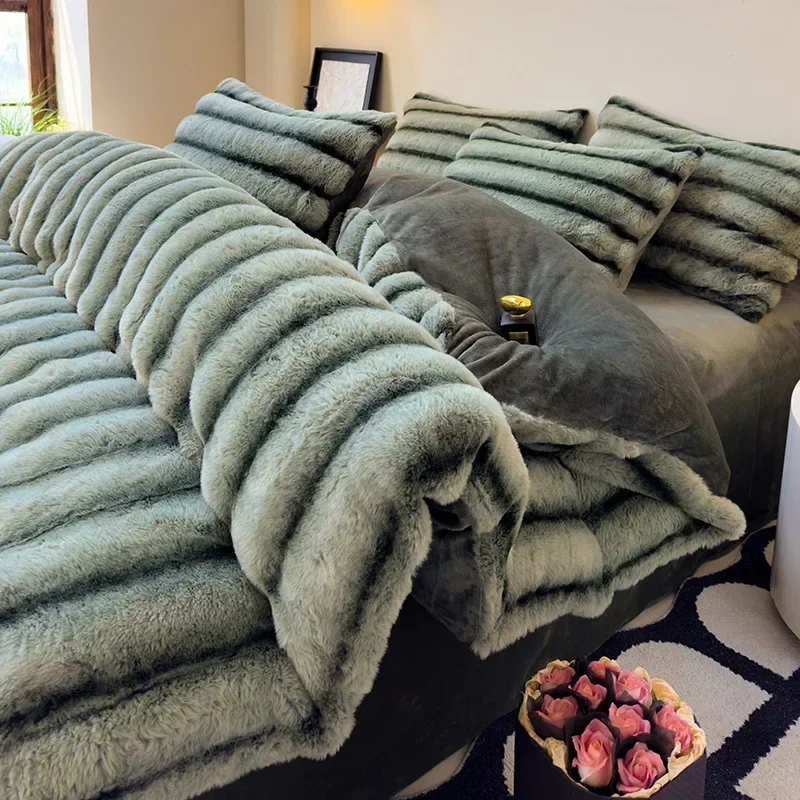 2024 new rabbit velvet milk velvet thickened rabbit fur warm four-piece set, 1.5m 1.8m bed sheet four-piece set 6