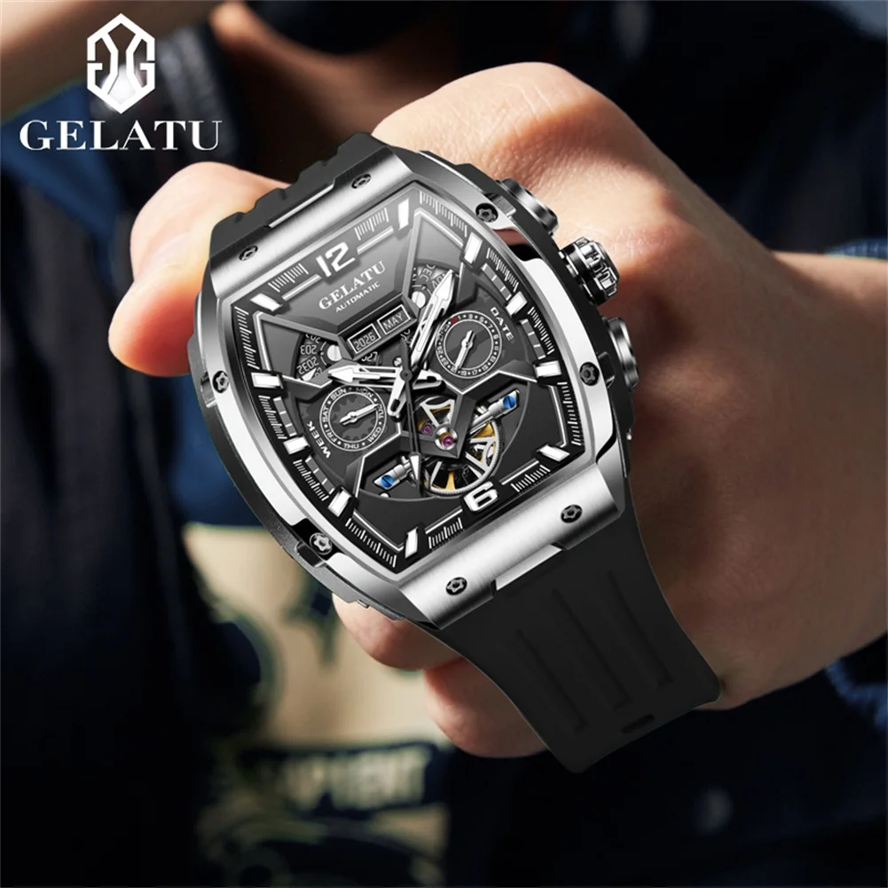 GELATU 6013 Watch For Men Original Fashion Big Dial Hollow Automatic Wristwatch Silicone Strap Deep Waterproof Mechanical Watch