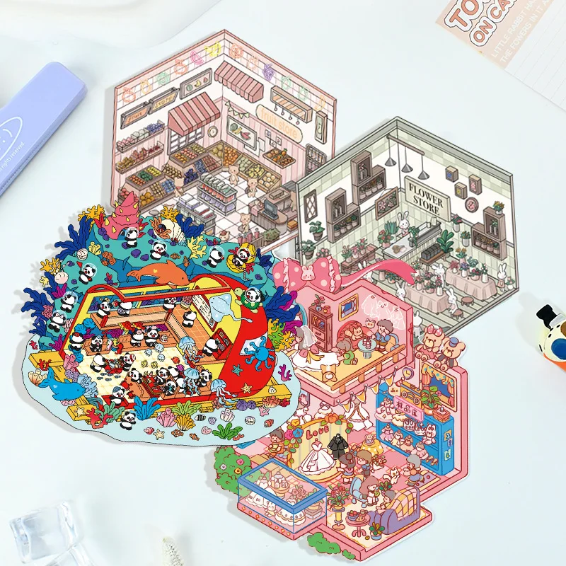 3D Kawaii Landscape Sticker Scene Decoration Poster Decompession Miniature Sticker for Children New Year Gift Cartoon Stickers