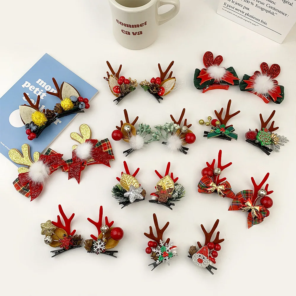 1 Pair Christmas Hair Clips Cartoon Plush Elk Ear Hairpins Santa Snowman Barrette For Kids Women Cosplay Headwear Xmas New Year