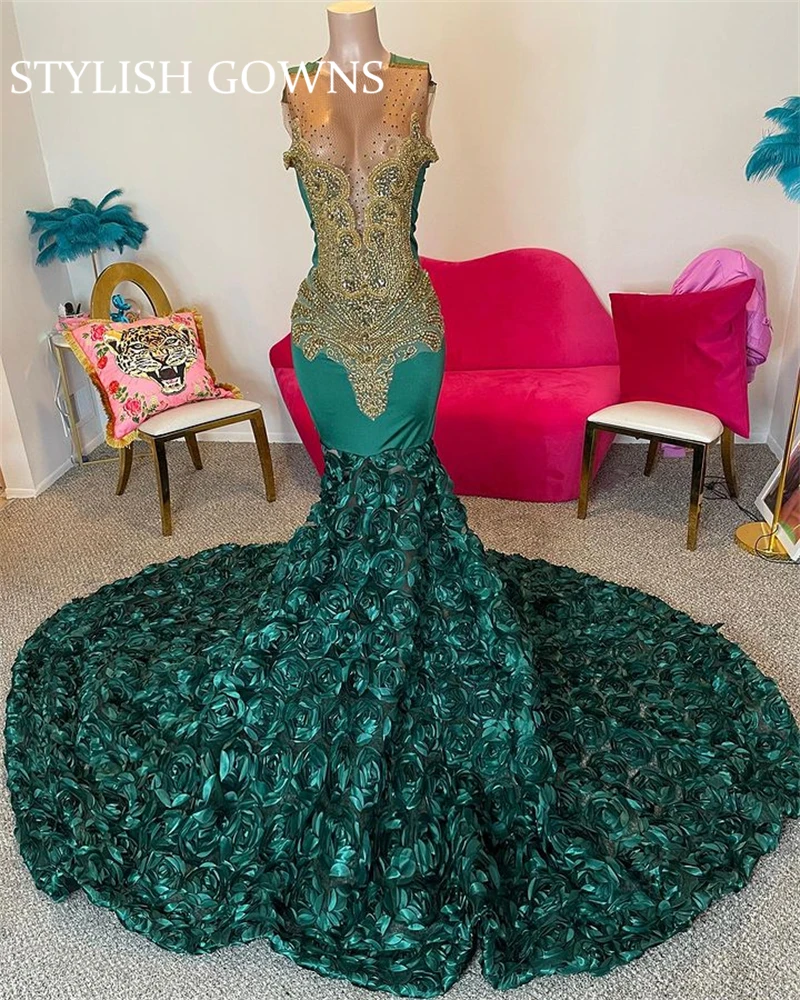 

Sexy Green Sheer O Neck Evening Dress Gold Glitter Rhinestones Beads Ruffles Party Dresses Mermaid Formal Gowns Robe De Bal 2023