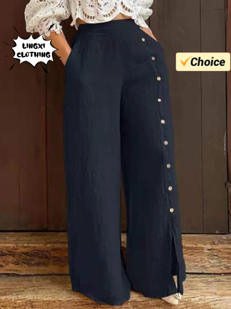 Spring/Summer Fashion Women's Wide Legged Pants Loose Cotton and Hemp Split High Waist Cotton and Hemp Sports Women's Pants