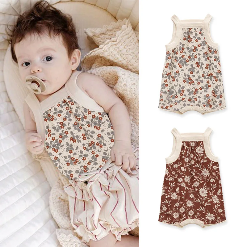 

2024 Ins Infant Girls Sling Romper Summer Sleeveless Floral Fragment Print Patchwork Newborn Girls Bodysuit Baby Girls Jumpsuit