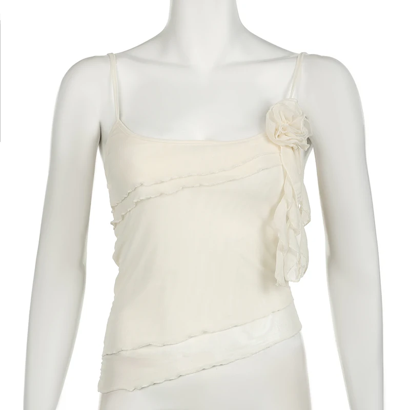 Top de tirantes con volantes de flores para mujer, elegante y sexy, a la moda, sin mangas, con dobladillo estético, camisetas de tirantes, conjuntos de verano para la calle