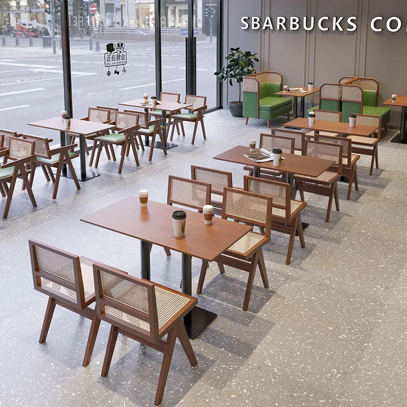 שולחן קפה וכיסא מעץ מלא רטן שולחן פנאי וכיסא שילוב מסעדה חנות תה חלב שולחן וכיסא