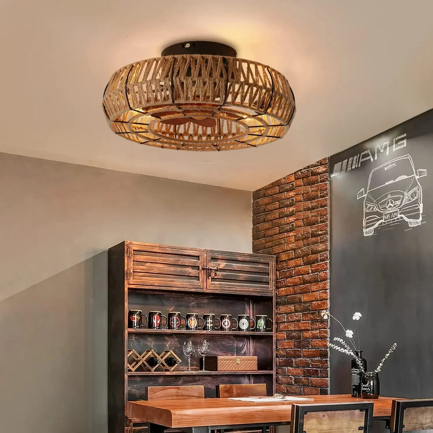 Industrial Wind Ceiling Fan with Light American Retro Cage Ceiling Fan Lamp Dining Room Bedroom Lamp Hemp Rope Remote Ceiling Fan Led Ceiling Fan Lights Led Fan Light