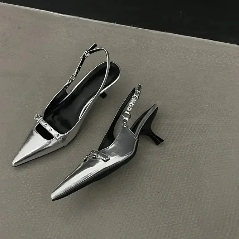 Fashion Slingback Sandals Women Med Heels Pumps Rivet Shoes Elegant Pointed Toe Female Mules Dress Slides Denim Sandalias women sandals,women high heels
