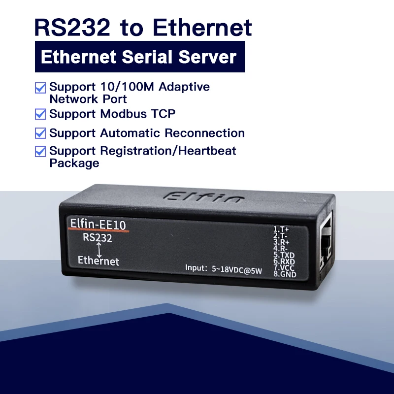 Puerto serie RS232 a dispositivo Ethernet, convertidor de servidor IOT Elfin-EE10, compatible con protocolo TCP Modbus Telnet TCP