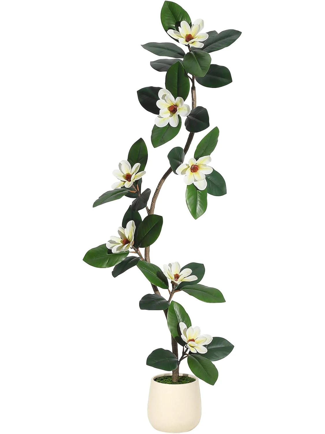S-förmiger künstlicher Gummibaum mit weißem Pflanzgefäß, künstliche Pflanzen für den Innenbereich, künstliche Bäume mit Magnolienblüten für die Inneneinrichtung – Detail 1