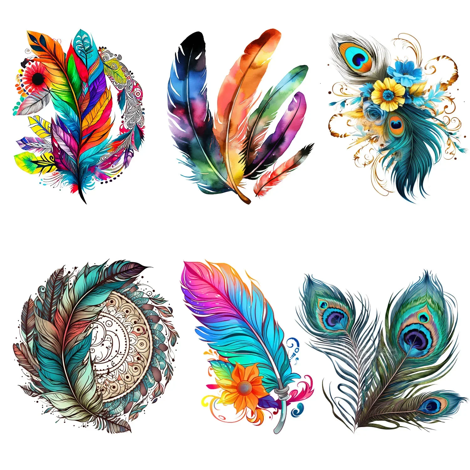 6pcs Feather Theme Iron-on Transfer Stickers, Design Decals Heat Press Decals, Vinyl Heat Transfer Patches For DIY Clothing