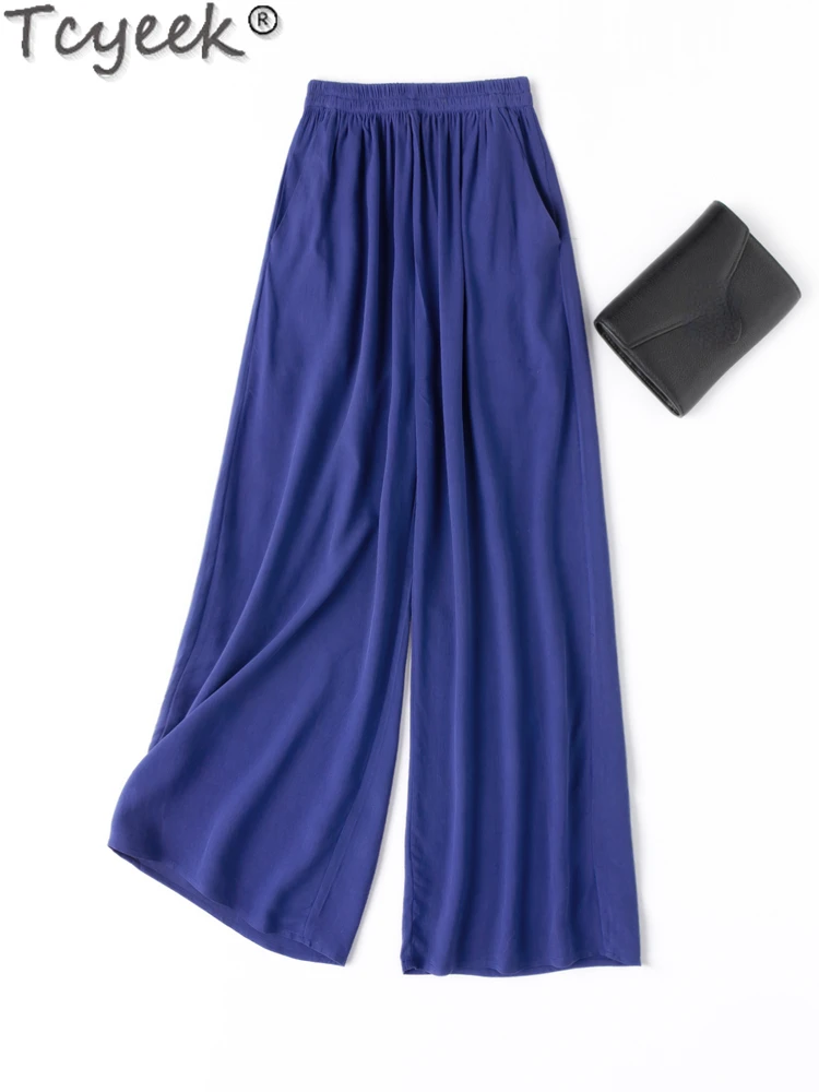 

Tcyeek 100% Mulberry Silk Casual Pants Woman Trousers Fashion Pants for Women Clothes 2024 Summer Long Wide Leg Pants Streetwear