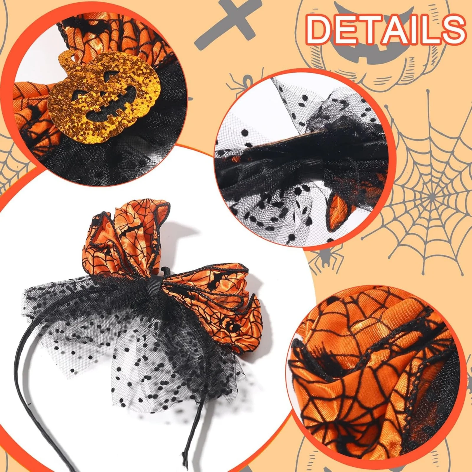 1PC  Halloween Themed Headband, Orange Pumpkin Bow With Spider Web & Black Mesh, Festive Hair Decor