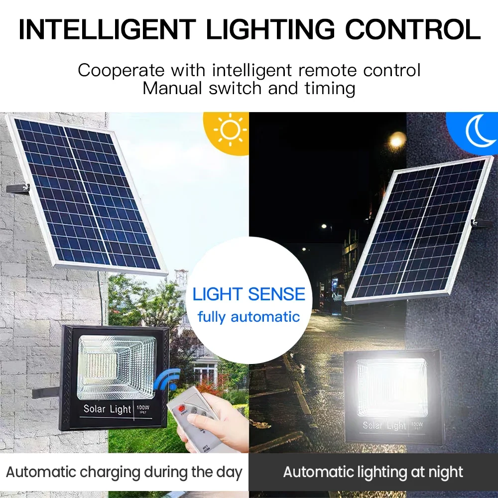 solar torch lights 100W smart solar outdoor spotlight Aluminum Street Lamp Waterproof Super Bright Solar Street Flood Wall Light With Remote solar lighting system