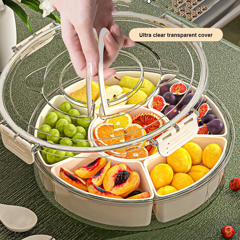 Kitchen Storage Box Six Division Rotating Fruit Tray Sealed Moisture-Proof Snack Box Lid