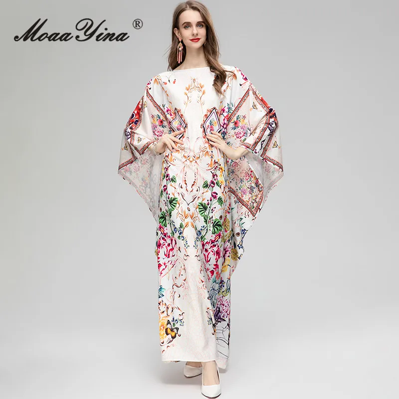 

MoaaYina Summer Fashion Designer Vintage Pattern Printed Dress Women Batwing Sleeve Loose Waist Casual Holiday Party Long Dress