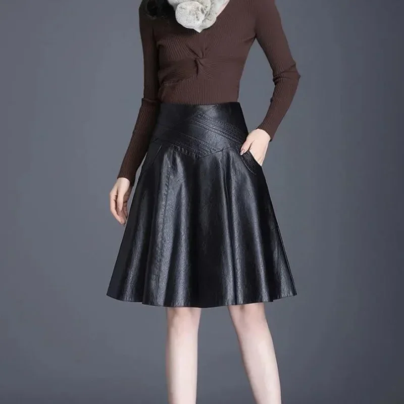 

Leather Skirt Women Midi Skirt A-line Large Size Over The Knee Mid-length High-waist Pleated Skirt Autumn Winter Lady Clothe