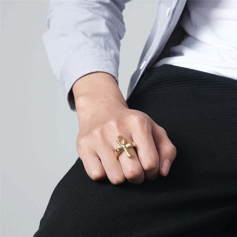 Ancient Egypt Ankh Cross Gold Plated High Quelity Fine Stainless Steel Male Female Ring Polished No Fading JZ585 3