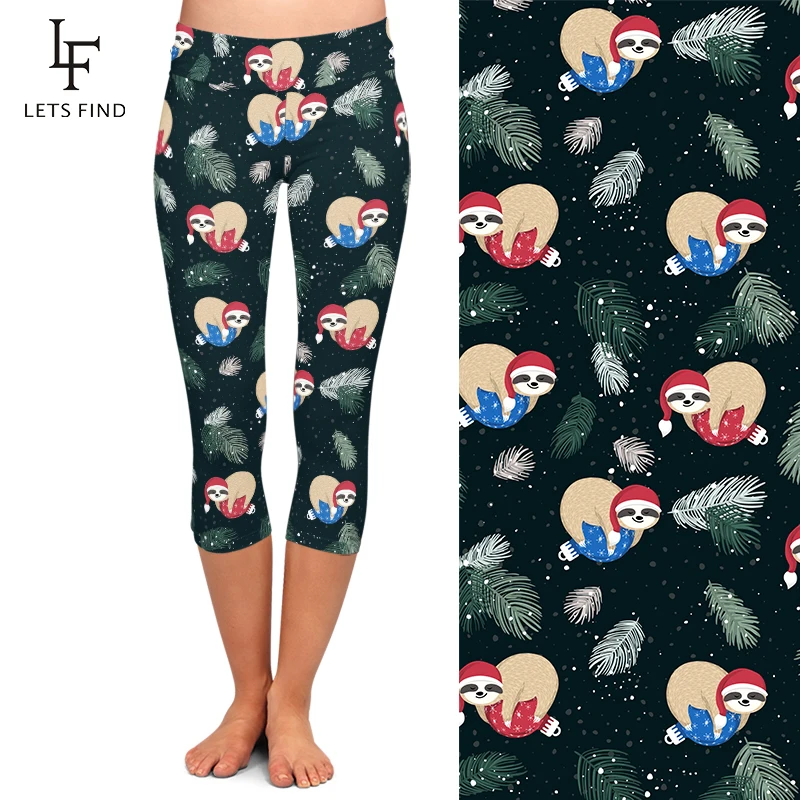 LETSFIND High Quaility Women Pants 3D Winter Funny Sloth Print Capri Legging High Waist Elastic Slim Mid-Calf Leggings