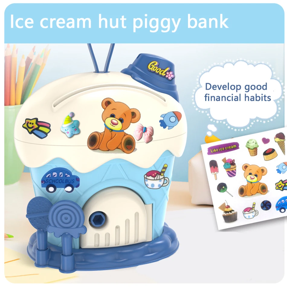 Kids Piggy Bank Ice Cream Hut piggy bank Cartoon DIY Stickers Saving Money Box with Keys Kawaii Large Capacity Toy for Kids Gift