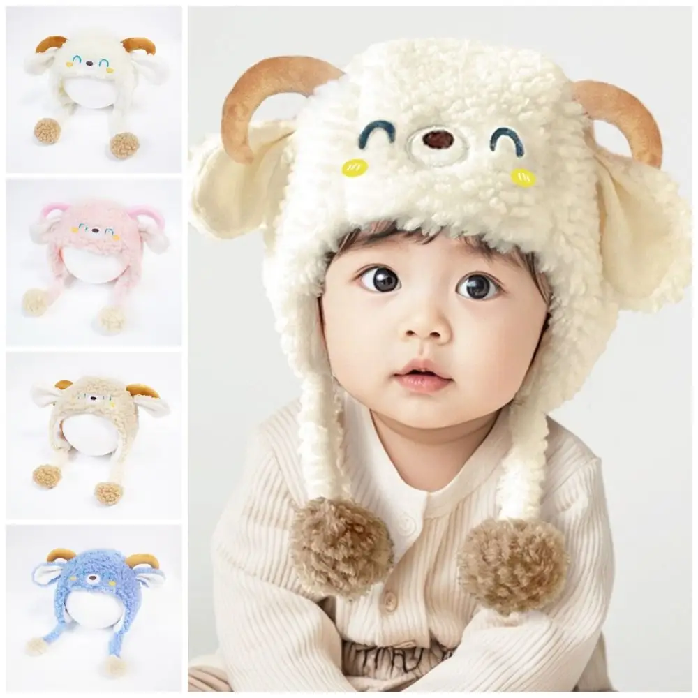 Cartoon Lamb Beanie Caps Thickened Kawaii Children's Pullover Hats Keep Warm Windproof Baby Ear Protection Hat Autumn and Winter