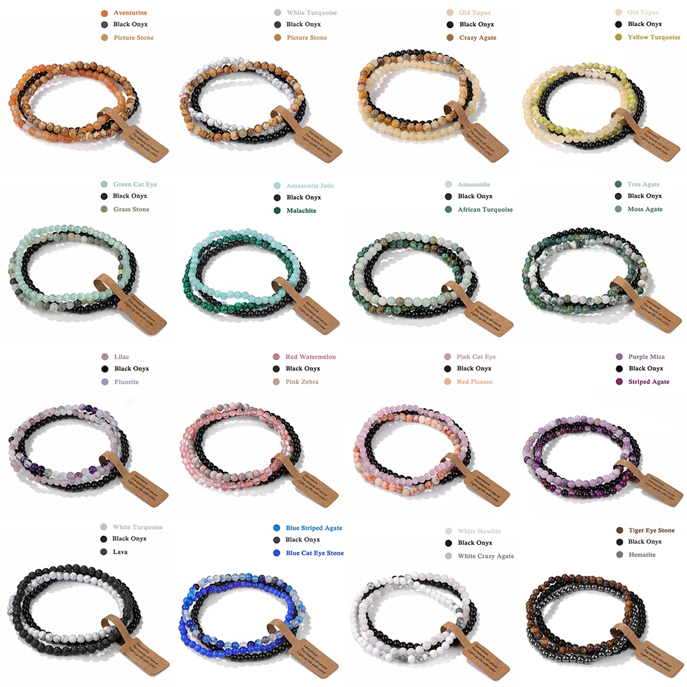 3 Pz/Set Pietra Naturale 4Mm Braccialetto Di Perline Rosa Zebra Tree Moss Agates Bracciale Set Con Wish Tag Per Donna Uomo Braccialetti Gioielli
