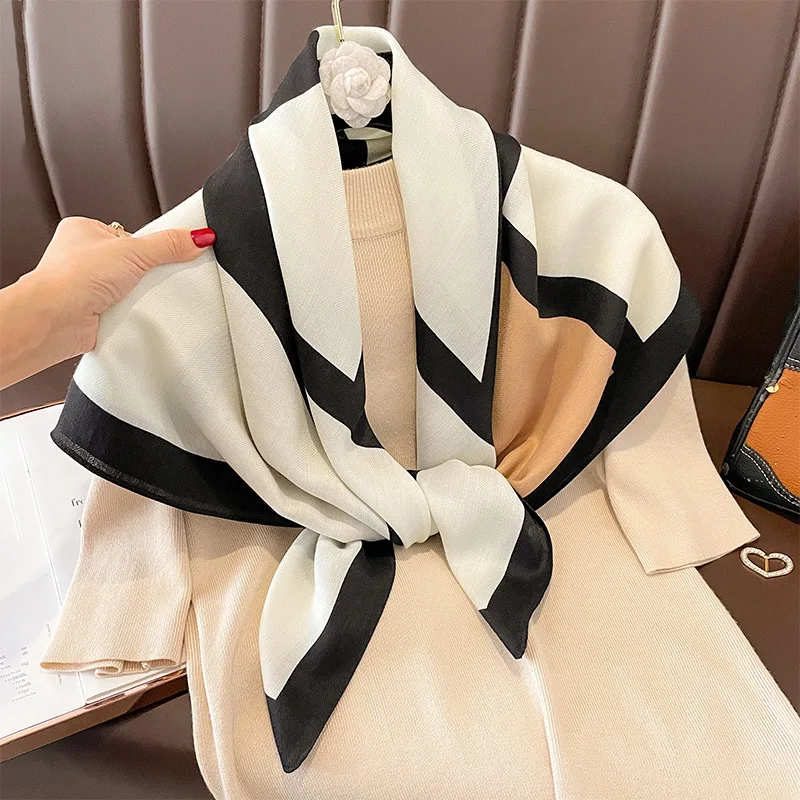 Women Spain Brand Design Scarf New Fashion Geometric Cotton Scarves Square Small Handkerchief Neck Snood Bag Hijab Snood 90*90Cm 6