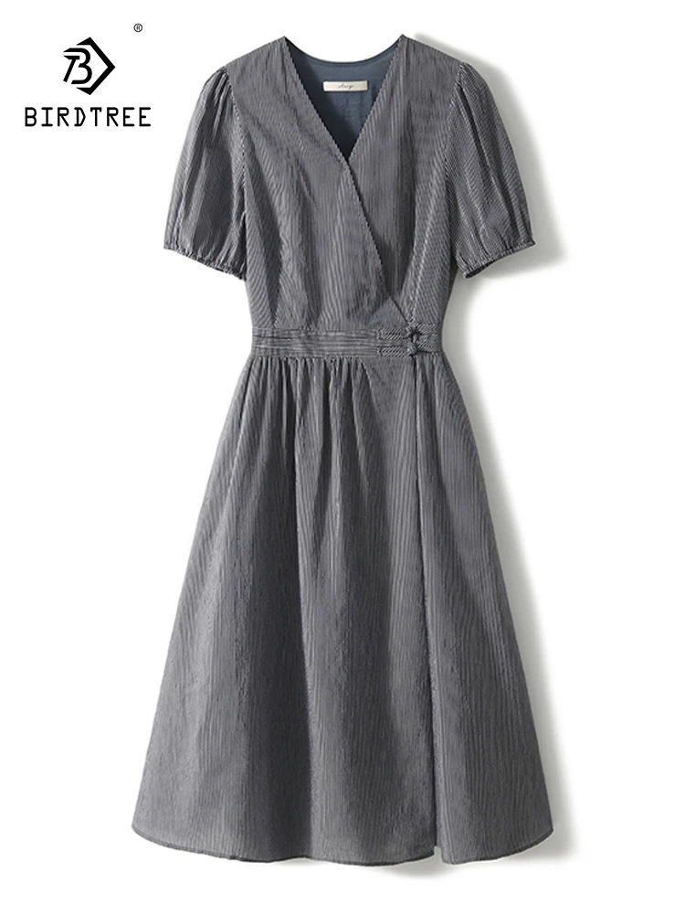 

Birdtree 15%Mulberry Silk 85% Cotton Vacation Dress Blue White Stripes V-Neck Waistband Elegant Dress Summer Autumn New D30810QC