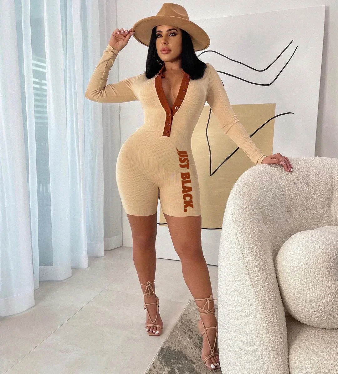 

2024 Spring and Autumn Fashion Women Long Sleeve Big Pit Strip Stand Collar Casual Solid Color Short Jumpsuit Playsuit