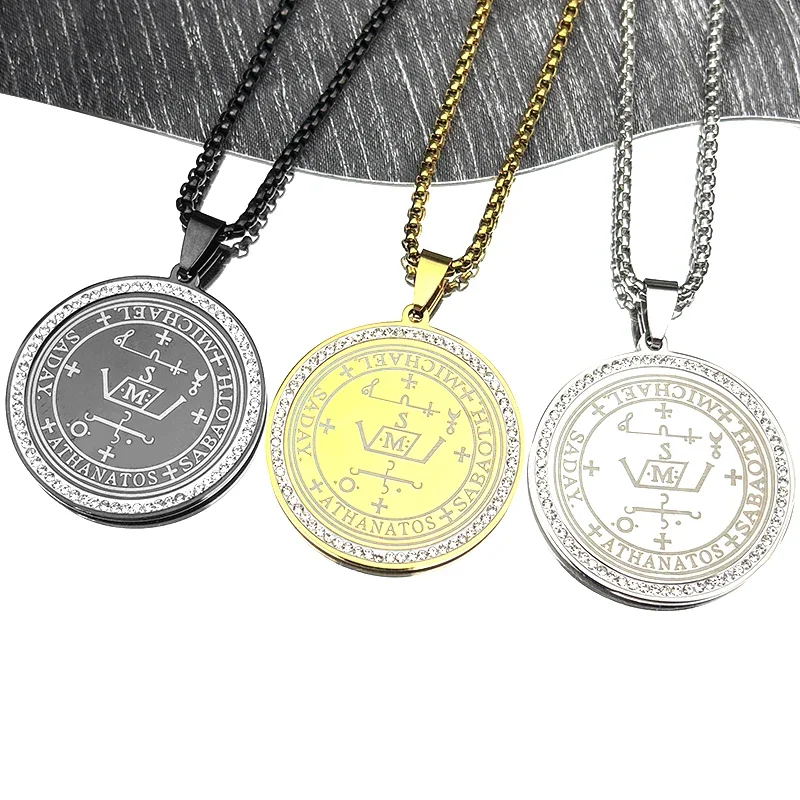 Erzengel MICHAEL Siegel Talisman Siegel von Engel Anhänger Halskette Edelstahl Gold Farbe Strass Kette Schmuck Geschenk