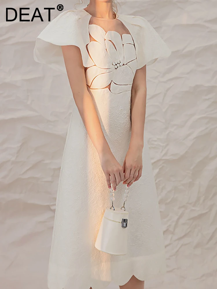 

[DEAT] Women Evening Dress Round Collar Short Sleeve Patchwork Lace Floral Waist White Fashion Dresses Summer 2023 New 13DB1390