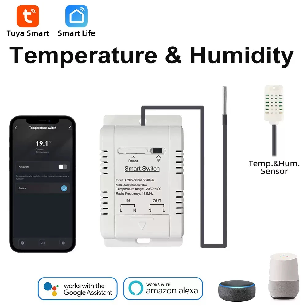 สวิตช์เซ็นเซอร์วัดอุณหภูมิและความชื้น WiFi Tuya 16A/20A พร้อมระบบตรวจสอบข้อมูลพลังงาน รองรับ Alexa 1