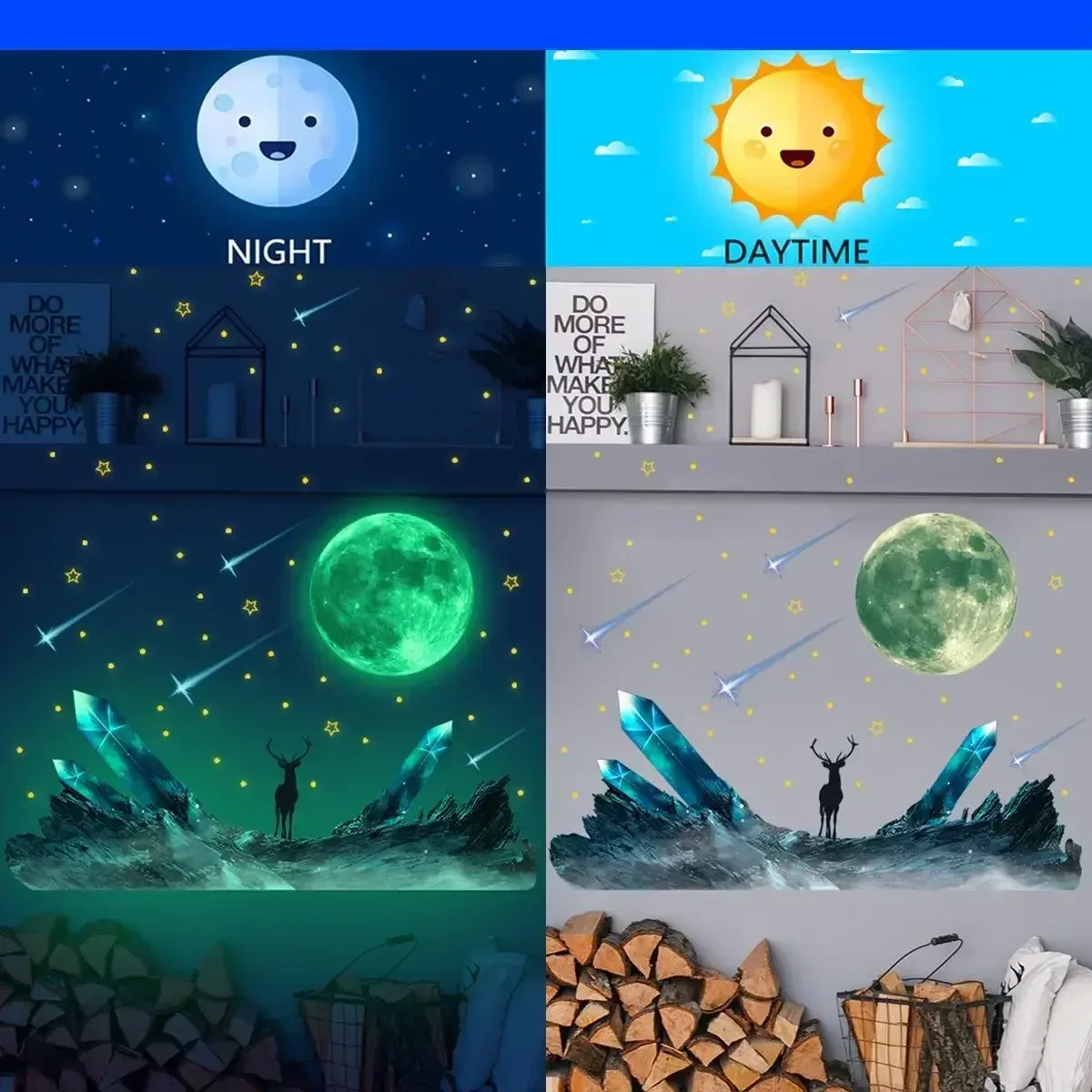 3D Luminous Moon And Stars Wall Stickers Glow In The Dark Wall Decals Bedroom Ceiling Home Decorative Stickers Kids Room