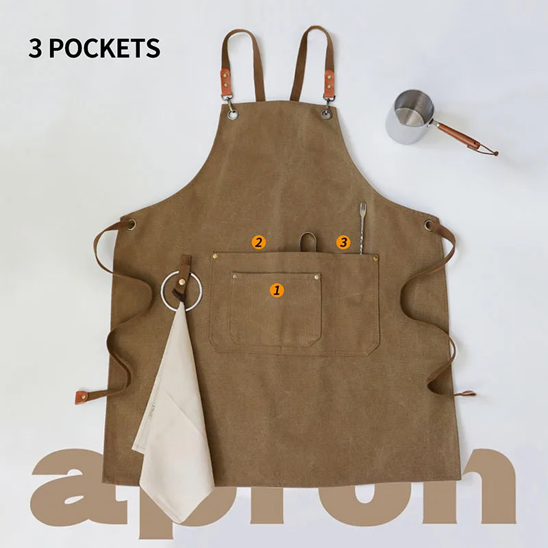 Thickened Waterproof Canvas Work Apron for Waiter Barista