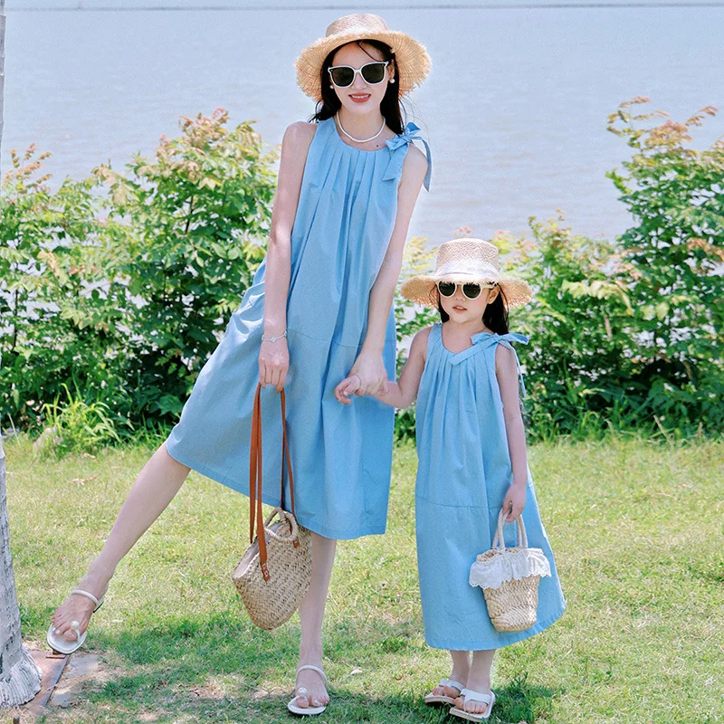 Vestido azul sin mangas para madre y bebé niña, Vestido de playa