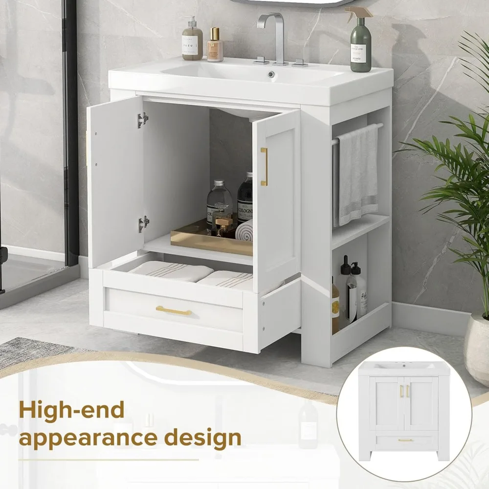Bathroom Organizers, 30 Inch Bathroom Vanity With Sink, Freestanding Single Bath Vanity Wood Storage Cabinet With Drawer, Side S 5