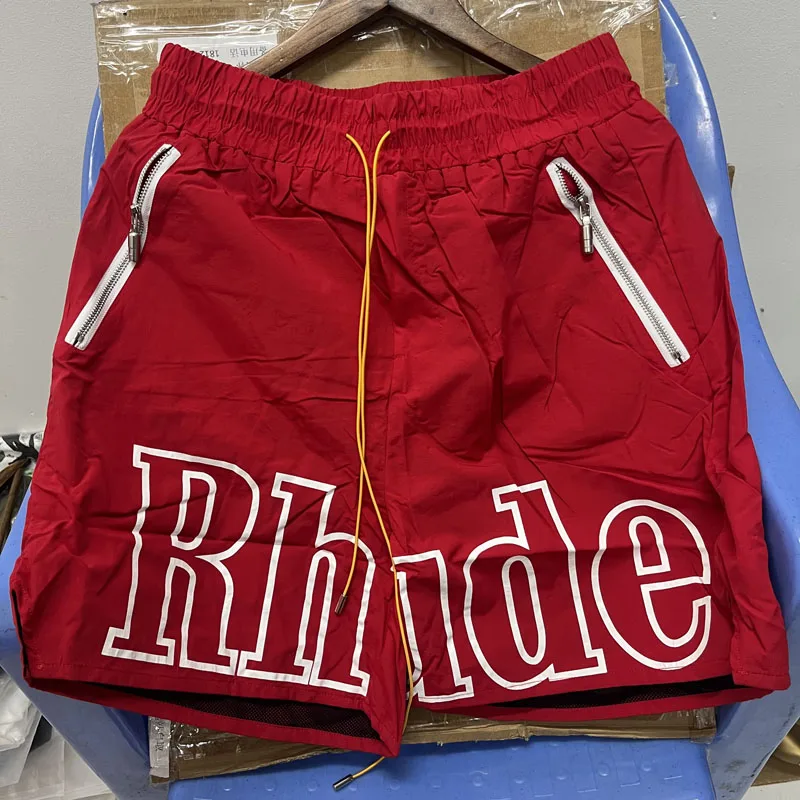 

Classic Red Rhude Shorts Letter Print Drawstring Craft High Quality Pants Hip Hop Men Women Casual Sweatpants Real Photograph