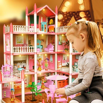 3D DIY Dream Princess Castle Villa Assembly Doll House Set Toy Girl Family Toy Children’s Music Doll House Assembly Villa House
