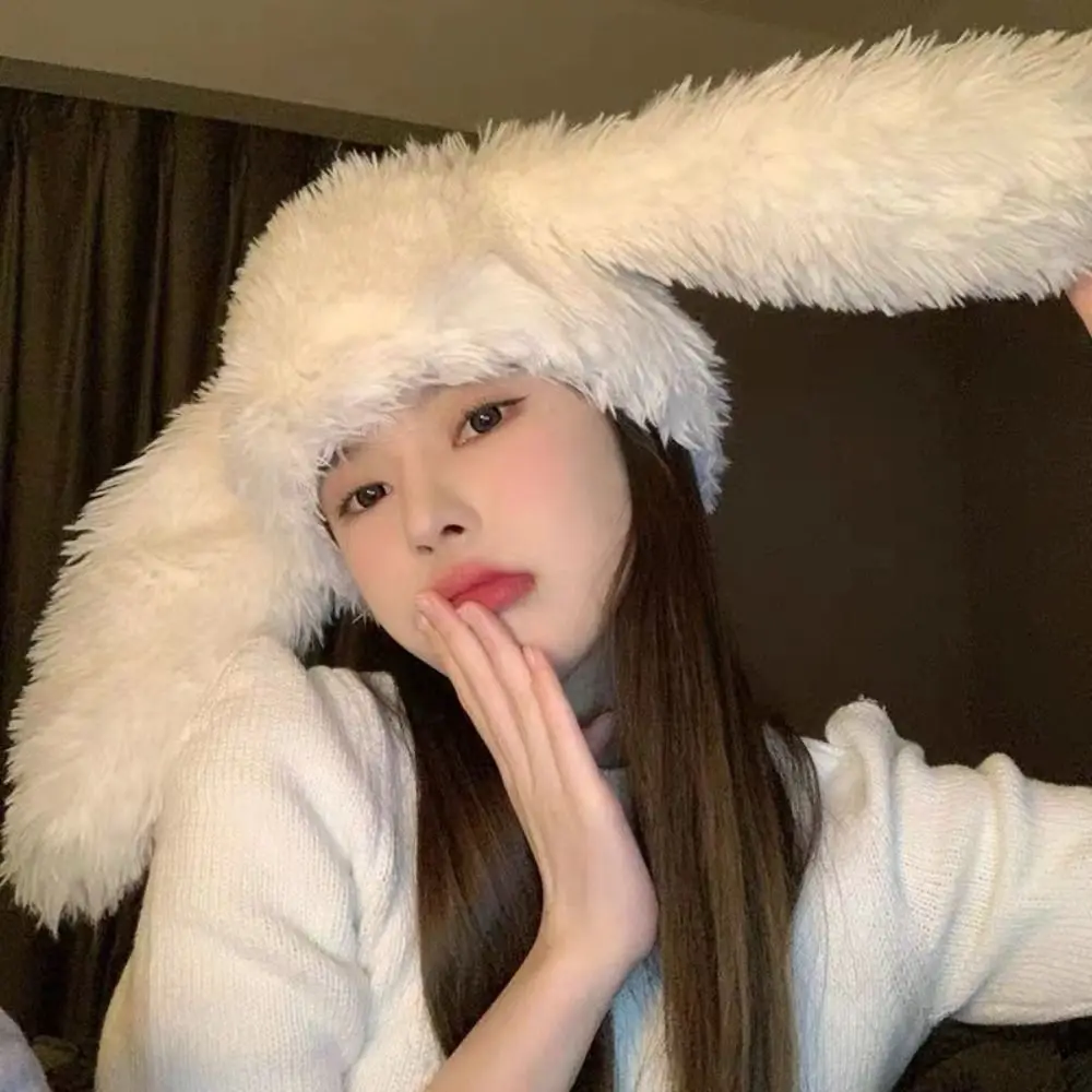 Korea Lovely Big Rabbit Ears Plush Beanie Hat Women Autumn and Winter Warm Protective Ear Novelty Knitted Cold Hat Wigs
