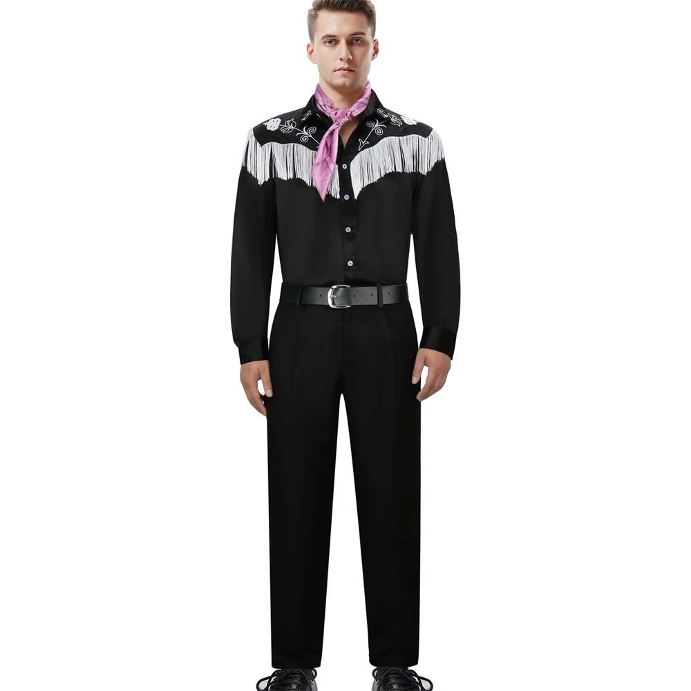 

Топы, униформа для косплея в стиле ретро, с черной вышивкой, рандомная Мужская рубашка 80s для выступлений на сцене, брюки, шарф, пояс на Хэллоуин