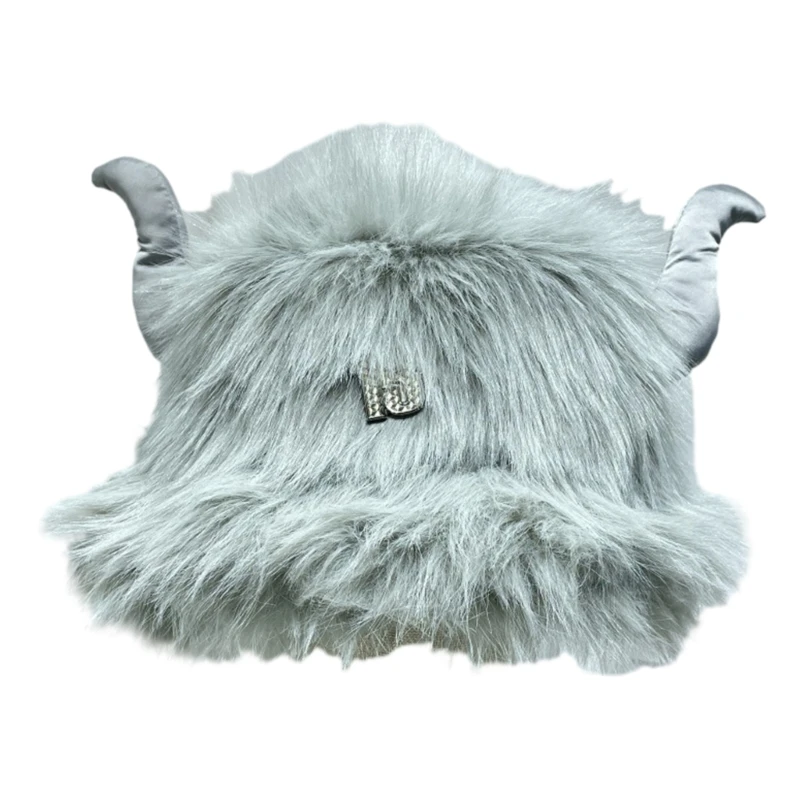 

Devil Horn Bucket Hat for Womens Handmade Foldable Faux Furs Knit Hat Fashion Vintage and Casual