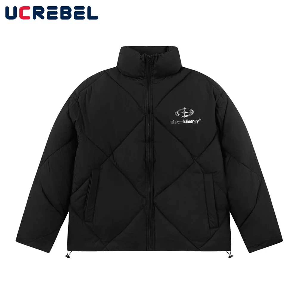 

Letter Print Padded Jacket Mens Rhombus Plaid Winter Loose Streetwear Stand Collar Drawstring Hem Thick Long Sleeve Outerwear