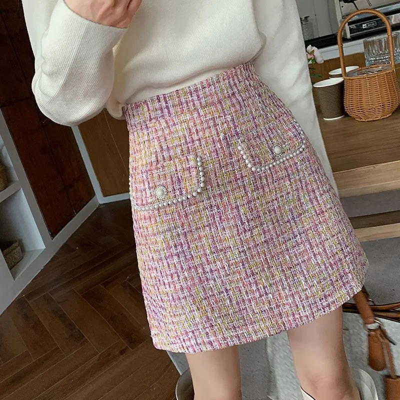 

Women Skirts Beaded High Waist Brilliant Silk Wrapped Hip Half Skirt Small Fragrance Style Thick Tweed Short Dress Lady Clothing