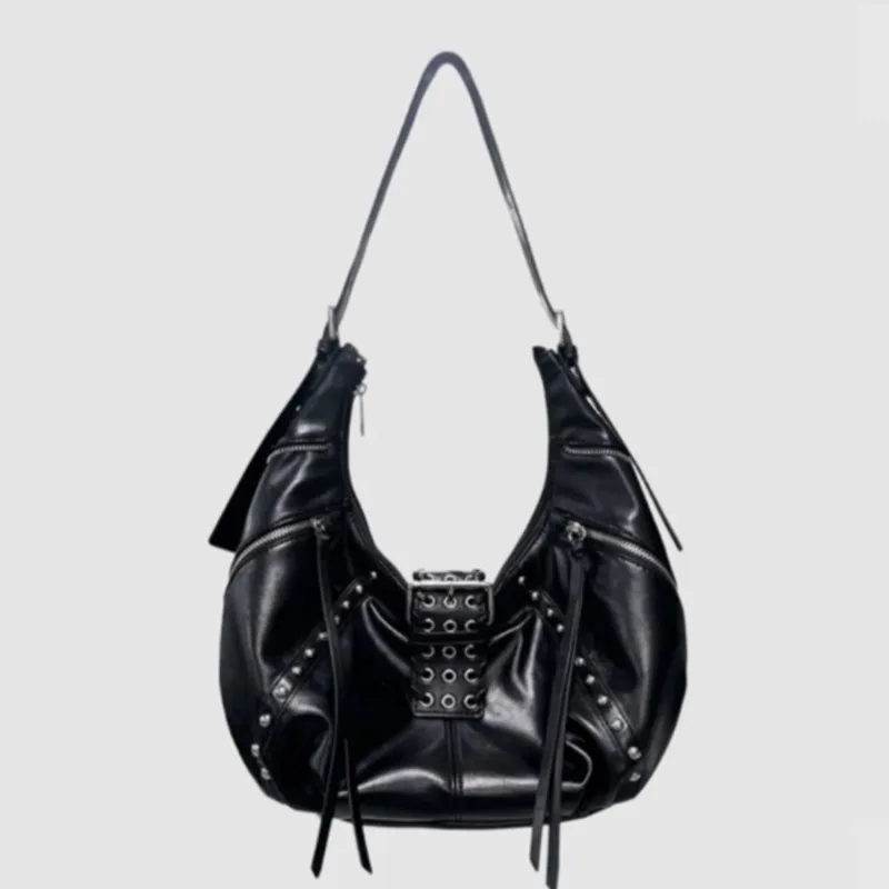 Retro Hot Girl Waxed Leather Tote Bag Women Studded Leather Large Capacity Half Moon Shoulder Bag Ladies Y2k Black Crossbody Bag