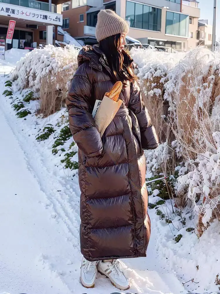 With Belt Women's Winter Down Jacket Long Puffer Coat White Duck Thick Warm Hooded Waterproof Down Jacket With Sashes Outwear 2