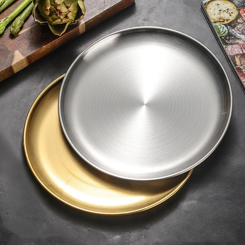 

Korean Stainless Steel Barbecue Plate Round Pizza Tray Kitchen Food Tray Restaurant Bone Plate Buffet Dessert Plate