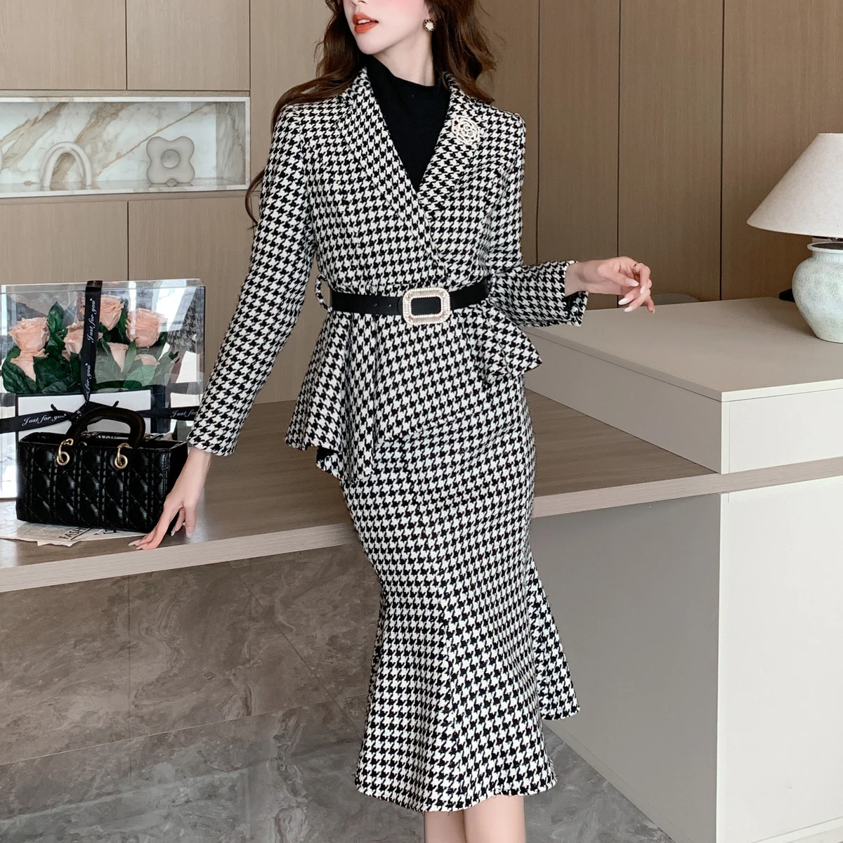 Autumn Womens Outfits Elegant Houndstooth Set Belt Irregular