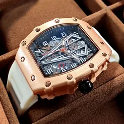 MEGIR White Military Sport Quartz Watch for Men Luxury Waterproof Luminous Wristwatch with Tonneau Dial Silicone Strap Auto Date