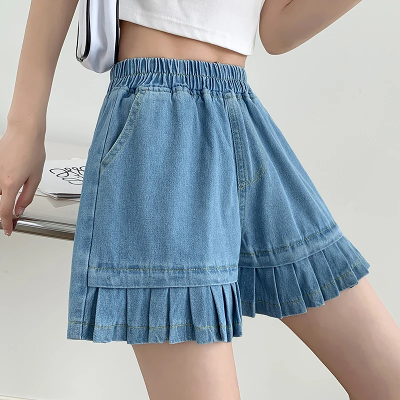 2026 frauen Breite Bein Fünf Viertel Hosen Lose Rüschen Gespleißt Jeans Shorts Sommer Neue Stil Casual Vielseitige Kurze Hosen