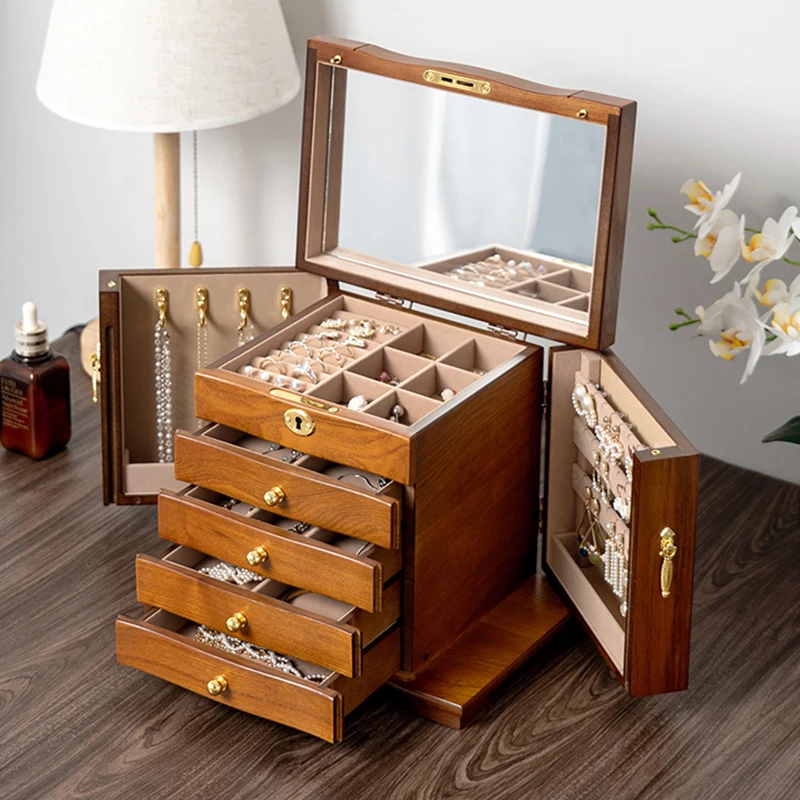 Large Jewelry Box Wood Ring Necklace Earrings Jewelry Boxes Organizer Velvet Drawer Bangles Display Tray Accessories Storage